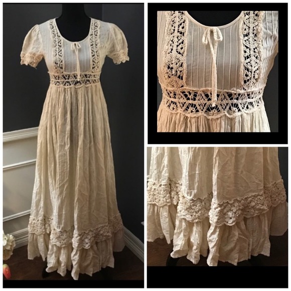 Vintage Natural Cotton Maxi Prairie, Prom, or Wedding Dress SM - Picture 4 of 15